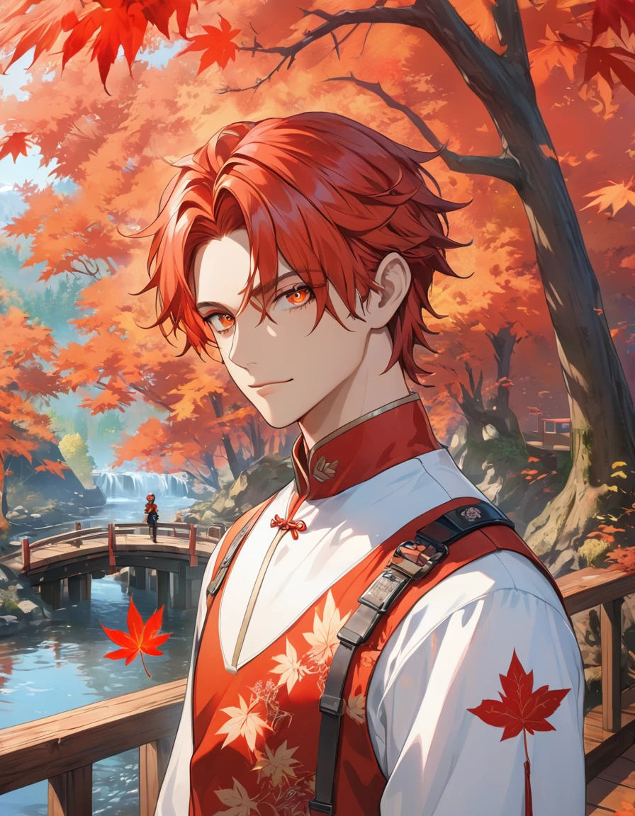((Masterpiece, Best Quality)), Ultra Detailed, Official Art, Unity 8k Wallpaper, Official Costume, Young Handsome Man, Solo, Perfect Face, Shiny Skin, Sparkling Pupils, Hair Pick Dyed Red, Daytime, Background is Fire Red Maple Forest, Maple Leaf, Riverside, Wooden Bridge, Aesthetic, (upper_body)