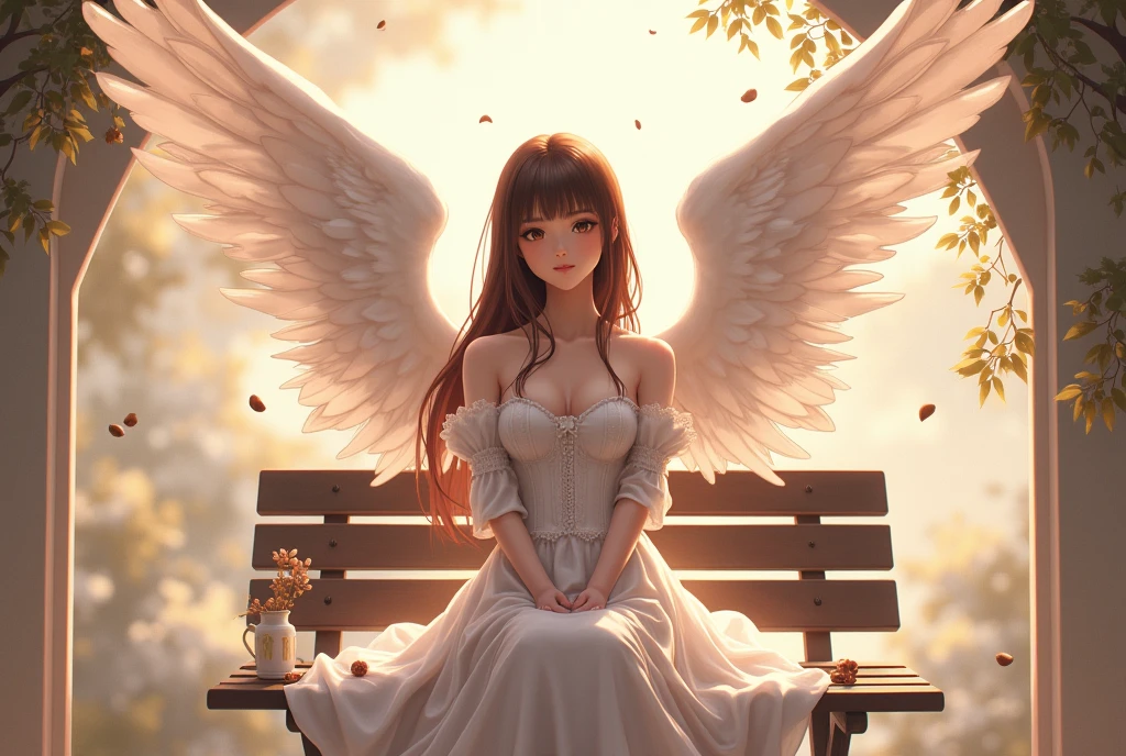 there is a woman sitting on a bench with an angel wings on her head, (hair swept bangs:1.3), (brown hair:1.3), anime style, from girls frontline, fine details. girls frontline, girls frontline universe, girls frontline style, girls frontline, girls frontline cg,  wearing angel, angel themed, full - body majestic angel, dark angel of coffee, angel girl, wearing angel halo