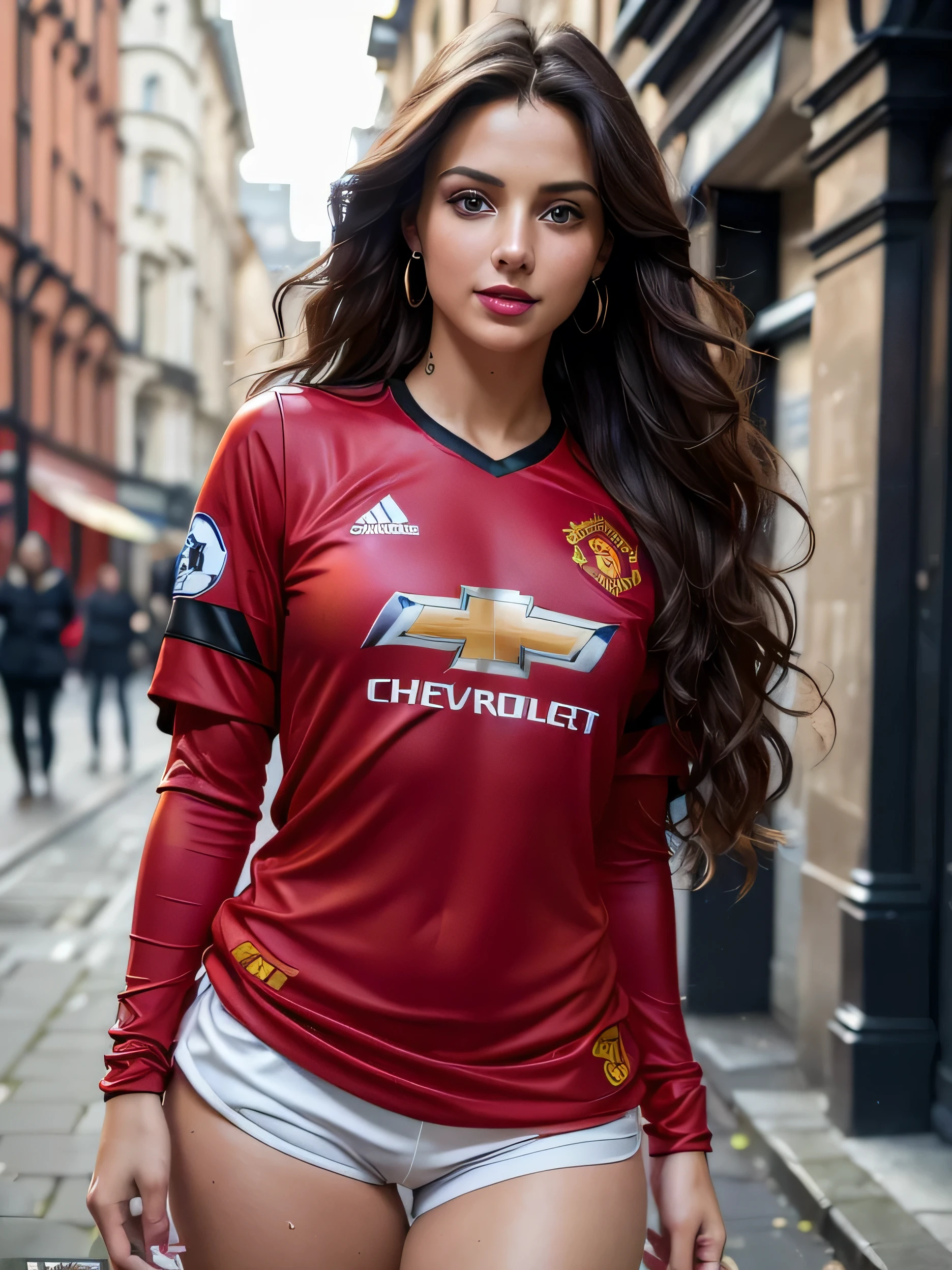 Ultra HD resolution,artistic photos,Professional Photography,((very sexy European girl, earrings, long brunette wavy hair, cold ultra realistic damp skin, wearing a Manchester United Soccer jersey )), perfect hourglass figures, posing like a model, on a street in london smiling at viewer, natural red lips, attention to detail, captivating eyes
