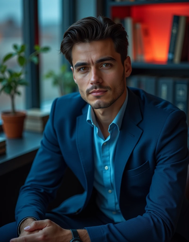 A business man, upper body photo, in a blue coat, young age, smart and handsome , attractive, premium quality, 4k quality, background books and small plants, and low light, sits on a chire, back ground light light blue or red, smart face,
Light on his face, back ground must bhi light glow in blue, face straight to camera, face change, make ai photo