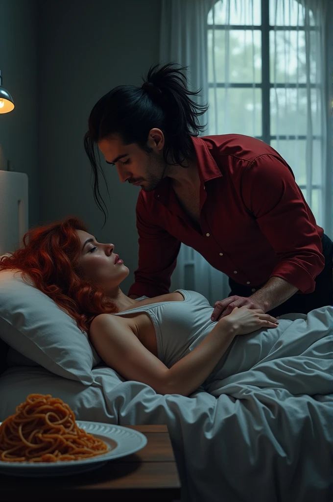 Real photo This scene takes place in a bedroom. With a big window on the nightstand there was a plate of spaghetti with sleeping pills in it .

A 2 woman is lying in bed and she begins to fall asleep because she has unintentionally taken sleeping pills which were mixed into her evening meal. . Her hair is long and wavy red.. 

A man : he is 2 his hair is long black and in a long ponytail he is dressed in a red silk shirt and black pants he is muscular.  He leans over her, tucking a lock of hair behind her ear. . On his face and we see his protective side 
