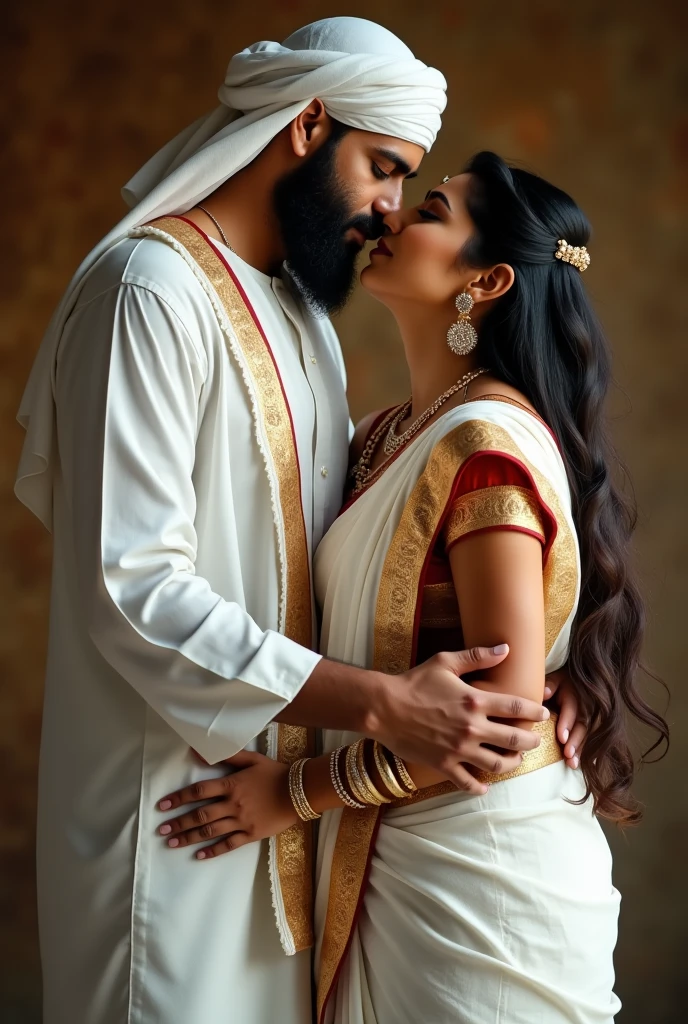 a tall traditionally dressed Arab muslim man
making sex with a beautiful and chubby 30 year old hindu mom from Kerala wearing white saree, decorated with bindi and jewelrys