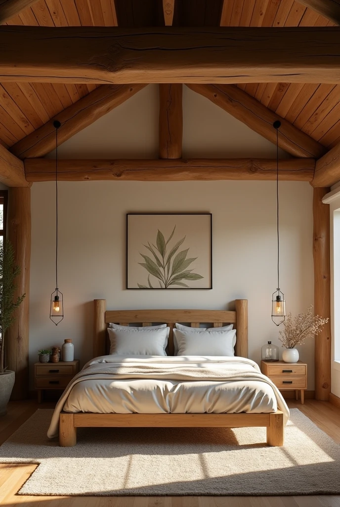 A bed is placed right under a large beam.
