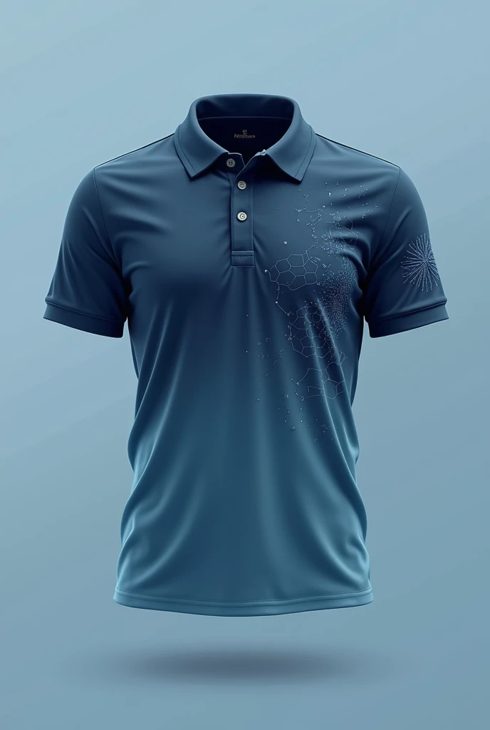 Create a mockup organization color gradient dark blue polo shirt and design it with some elements relating to science, example is Molecules or human organs. The design should be just drawn in minimalist and ink color of design should be dark color of blue. And the both side of shirt should be blue gradient color. show the front and back of shirt