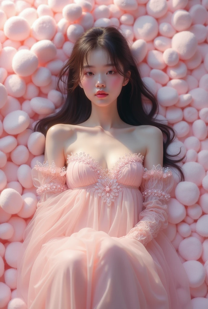 cute asian girl wearing clothes made of glass laying on bed of marshmallows