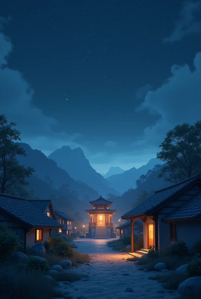 Create incinematic  3d  image "• Village at night: The village under a starry sky, with the temple lights still glowing softly, and a calm, quiet atmosphere.



