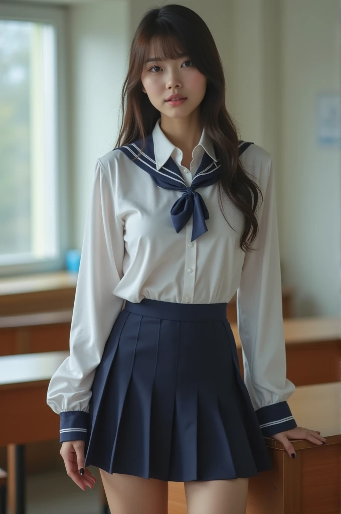 A Korean sexy whore wearing a uniform school without skirt and saw a pussy