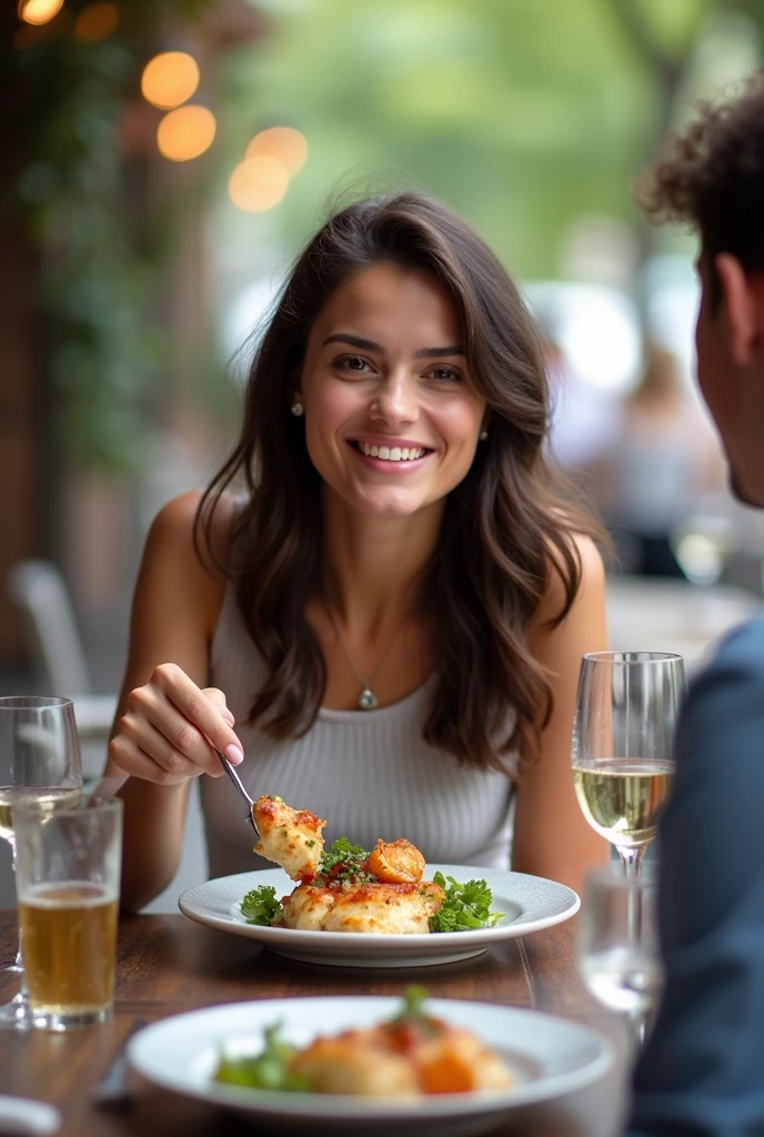 une jeune femme brune nous partage le délicieux plat qu'elle déguste sur une terrasse de restaurant. La photo est prise par la personne assise en face