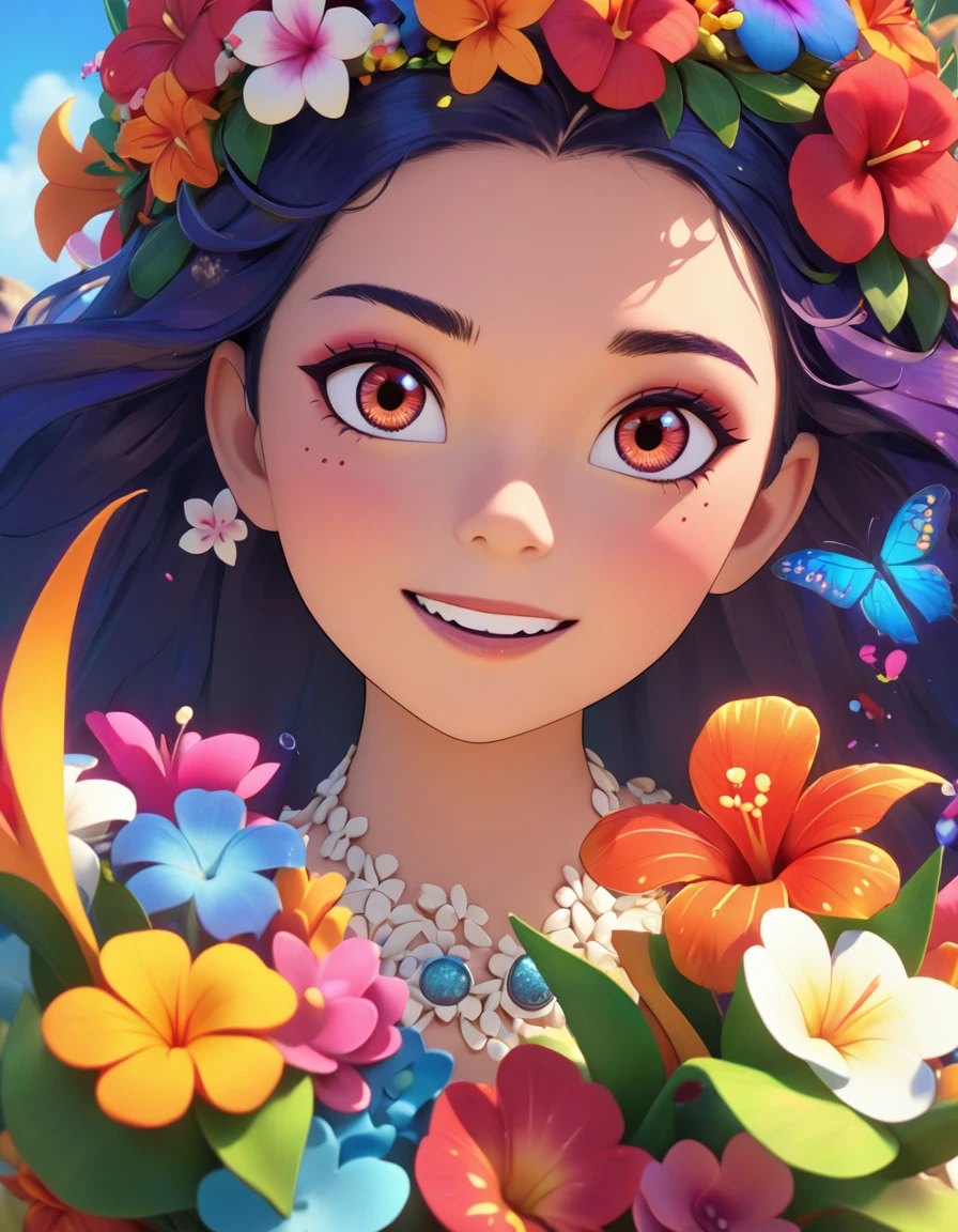 a close up of a person in a costume, moana, animated movie still, 🌺 cgsociety, maui, as a pixar character, depicted as a pixar character, disney pixar movie still, film art of character design, flower queen, she has a crown of flowers, movie screenshot, dreamworks animated bjork, queen of flowers, animated film kubo