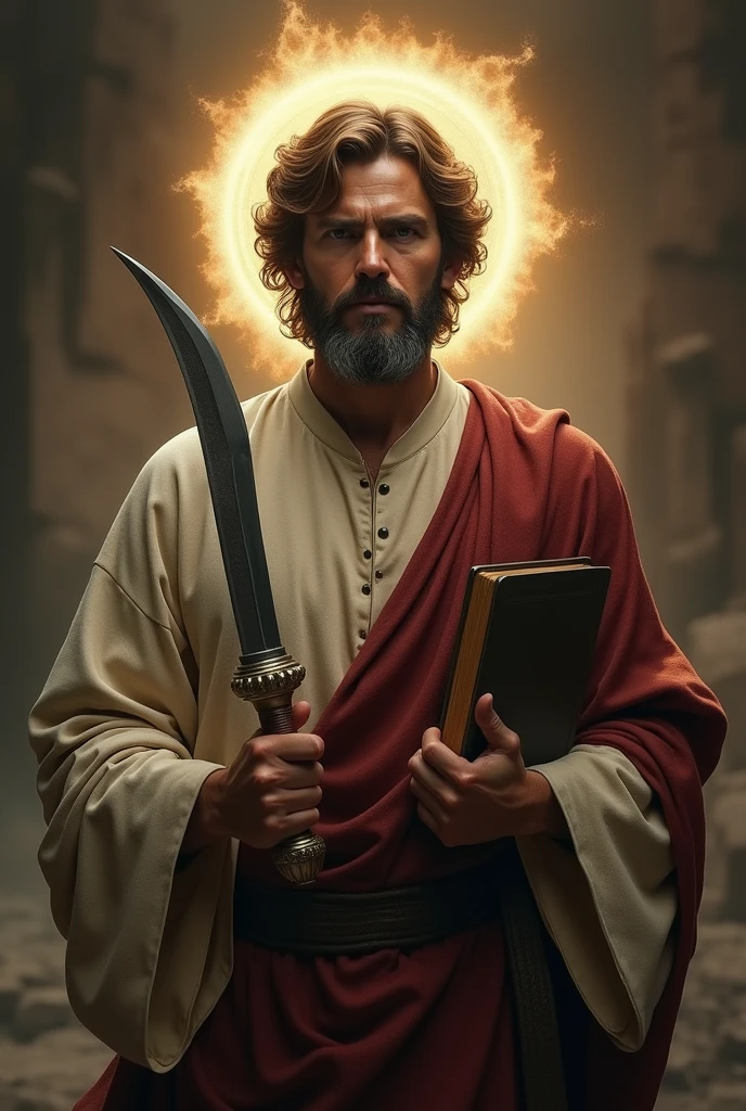 cinematic image, high resolution of a holy man with a beard, short brown and gray hair, wearing a tunic like Jesus', the tail of his tunic reaches his neck.Holds a medium knife with a curved blade in one hand, in another a holy book. The man has a halo