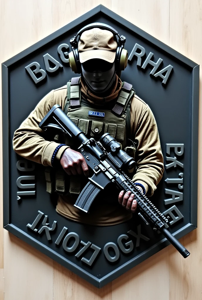 Create Hexagonal Rubber Patch, military coat of arms with an assault operator carrying an m4 rifle wearing a cap and headphones in the center and the name Lukinha Airsoft 
