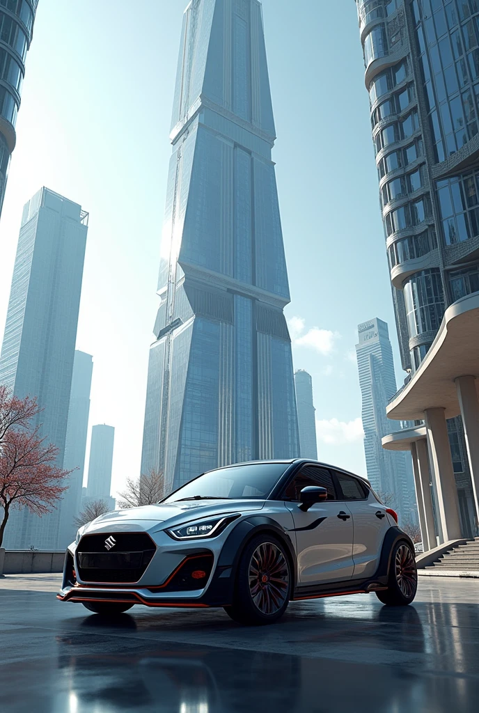 Suzuki Baleno behind skyscraper with futuristic kit