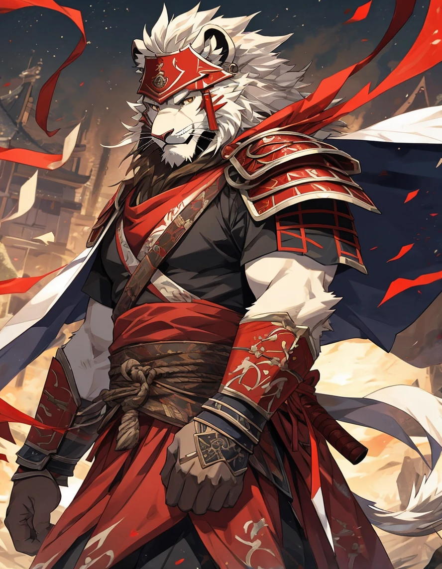 Brave, Great and noble lion samurai warrior,(Whole body white fur), Wearing very detailed red samurai armor,He wears a red mask on his head that resembles a demon.&#39;horn., Sengoku period,He is holding a black and gold fan, Highly detailed background, Cherry blossoms blowing in the wind, 完璧なmasterpiece, high quality, High resolution writing boundary depth, Perfect lighting, (Particles of light),(最high quality),(masterpiece),(Ultra Deshipped),Sharp focus,Particles of light