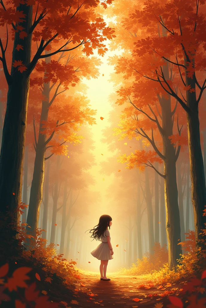 girl standing in the distance,Realistic style,Autumn forest
