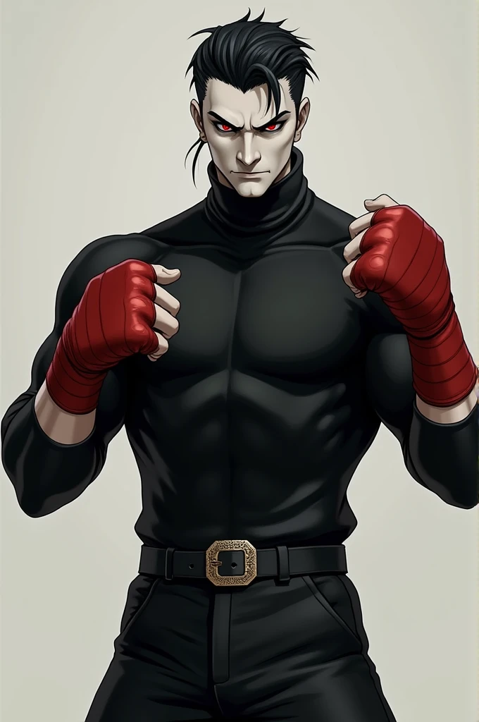 a male character, shape em V, black turtleneck sweater, black pants with a black belt, red bandages on hands, red eyes and black hair, doing a boxing guard ,white skin color