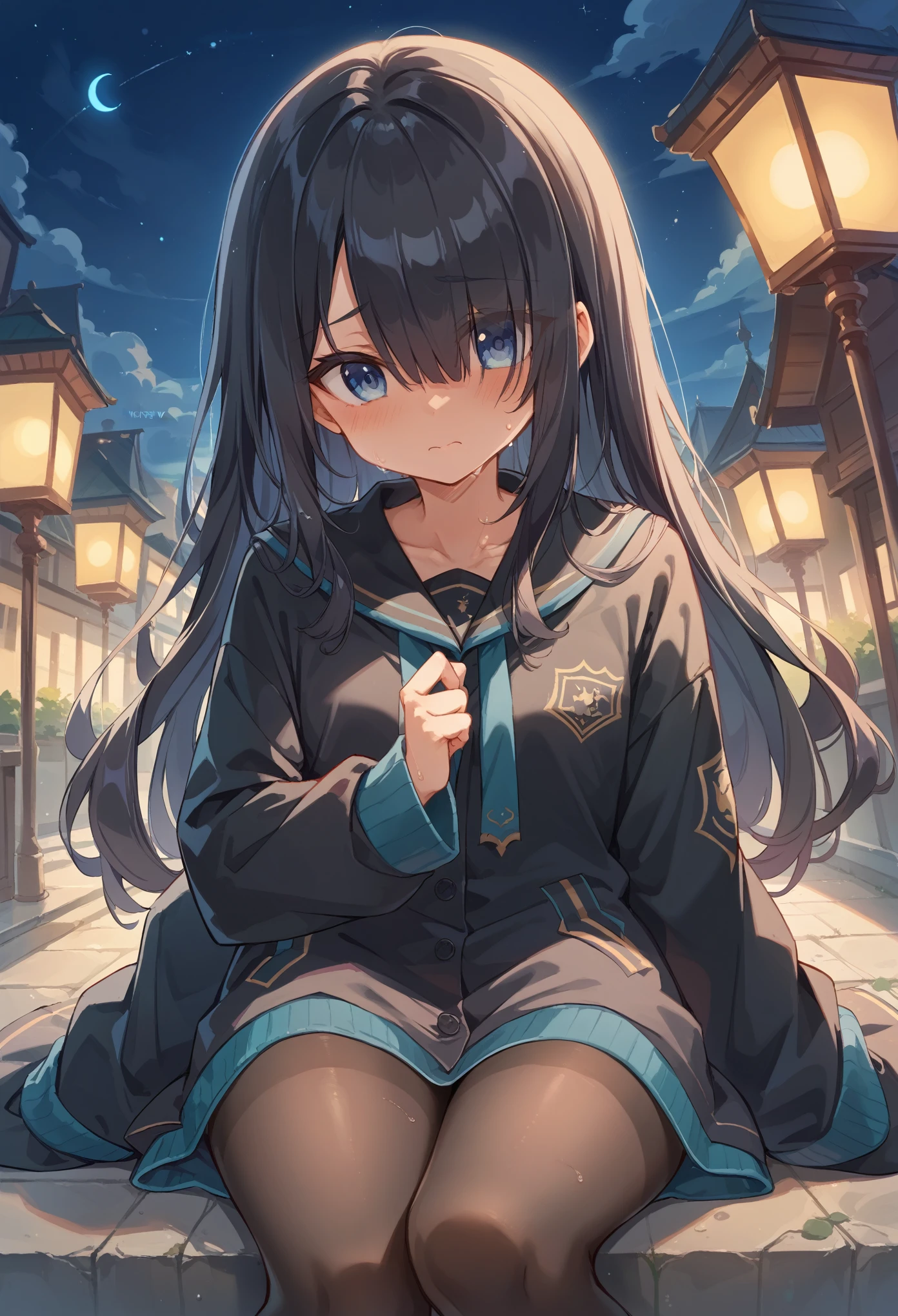 ,((nsfw:2.0)),(All-black overcoat),((A girl with long, dark hair))、(Beautiful blue eyes),(hair over one eye)、(cute),(Moe sleeves),black tights、(Beautiful night sky)、((Sweaty)),((Fingered)),(Embarrassed)