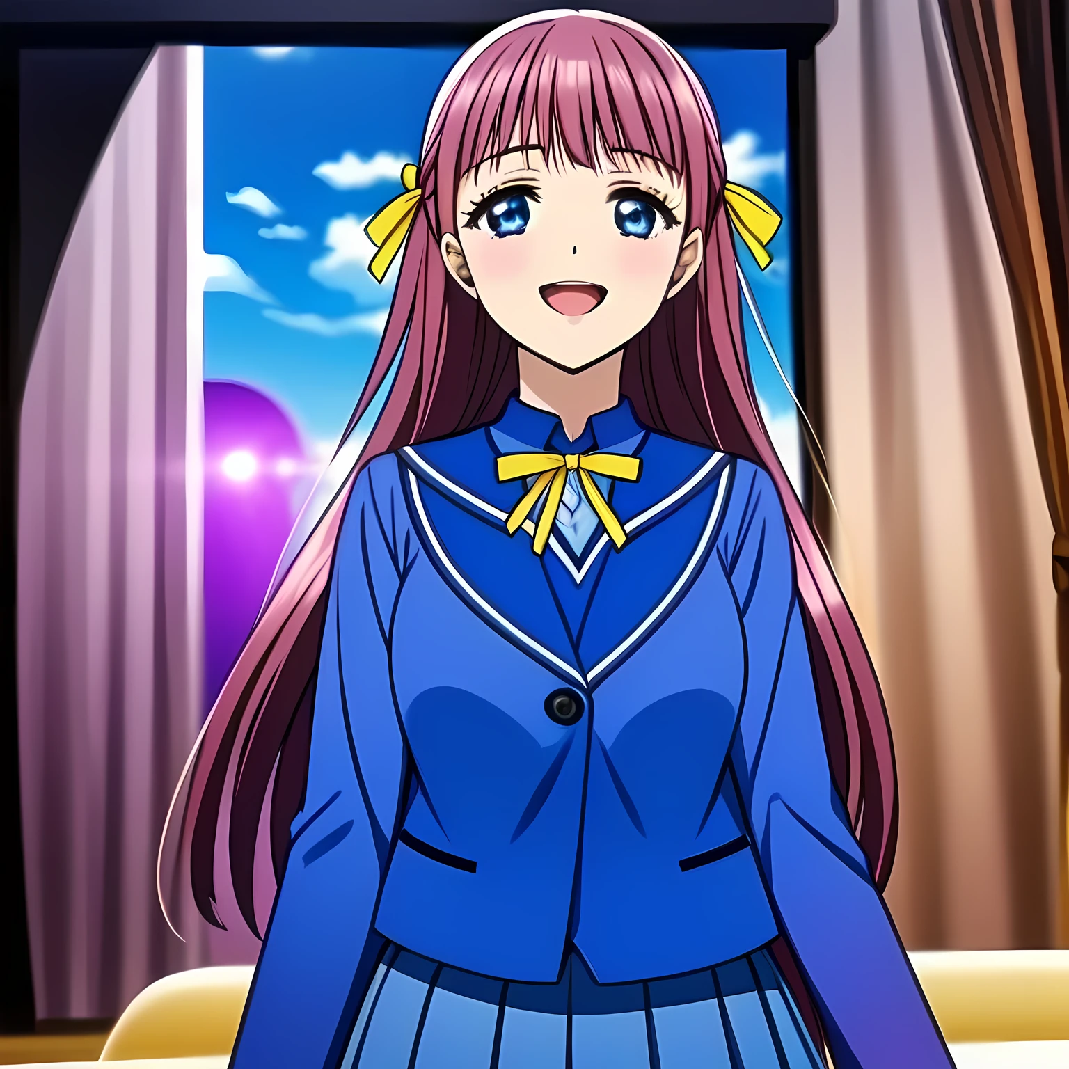 highest quality, (masterpiece:1.2), (A noble game heroine, beautiful noble heroine, Very detailed beautiful heroine's portrait of game CG, beautifully and artistically painted as cover of girl's magazine: 1.6), (A girl whom everyone loves because of her beauty and lovely fashion and graceful personality and noble manner. A refined and elegant look like a noble princess. : 1.4), (In fact she is a succubus, trying to charm, enslave and absorb me!: 1.0)(Very beautiful, wavy, cutely shining super-super-long blue hair, with elegant hair ribbons: 1.0), (Very beautiful and shining eyes with very long eyelashes with detailed: 1.4), (The elegant, slightly open mouth and glossy lips of an anime heroine: 1.0), (Noble neat dark-navy-blue sailor-styled school uniform, and neat elegant dark dark-navy-blue pleats skirt, with a big yellow noble ribbon on the chest: 1.2), (Laughing at me, but that gives a heavenly feeling of happiness with beautiful and great smiley noble face: 1.2), (The wind is blowing: 0.8)