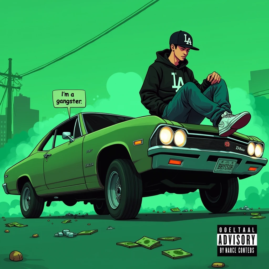 Image of a man sitting on the bonnet of a car, Yoshihiko Wada's album cover, winner of the behance contest, Doodle, official artwork, rap album cover, hip - hop album art cover, colored album art, hip hop music album cover, rap album cover art, official fanart, GTA Cover, hip hop album cover, album art cover, Cartoon character, oriental boy, Running car, Green background, green tea, Deep pressed black LA ball cap, white nike shoes, Black LA Hoodie, Baggy jeans worn down, black neighborhood, Skull, drug, The city seen from behind, korean, white smoke, Headlight light, Troublemakers, Bad boy, A lot of money flying around, Write I'm a gangster like a character speech bubble