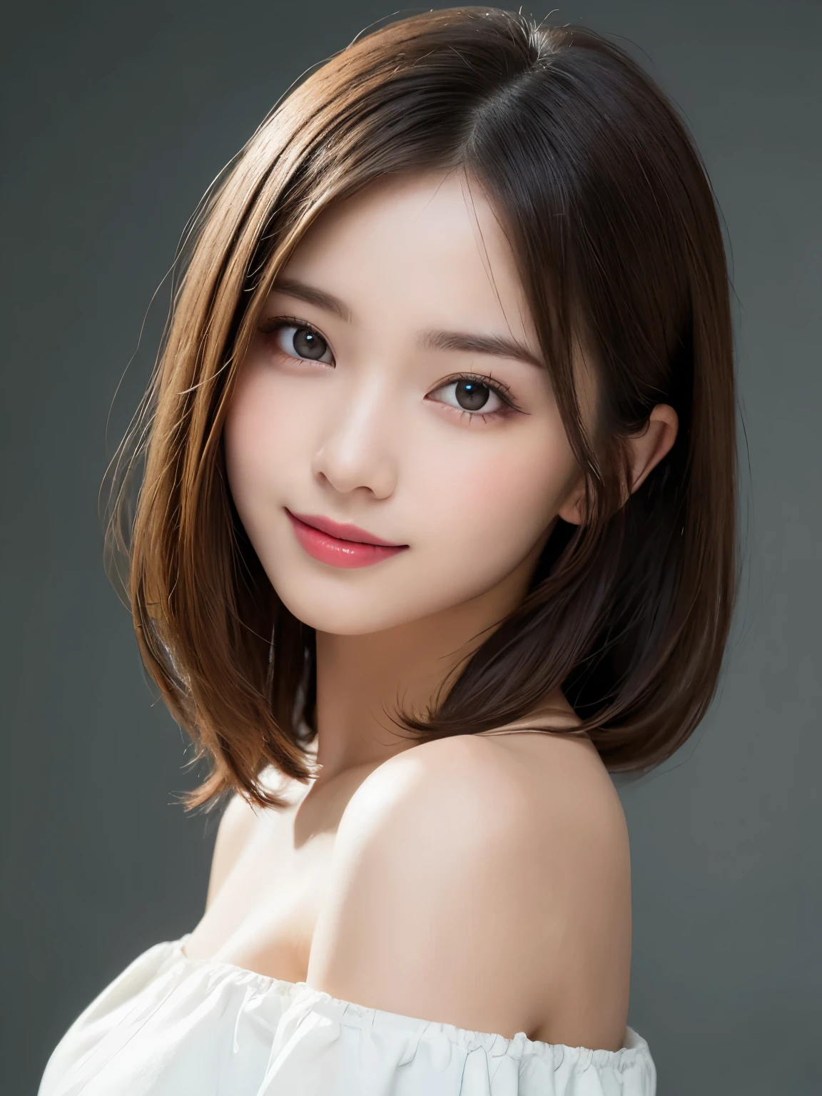silver background, full body portrait, looks very happy, smile, one girl, (a beauty girl, delicate girl:1.3), (20 years old:1.3),  (off white off shoulder dress), very fine eyes, (symmetrical eyes:1.3), C cup breasts, brown eyes, parted bangs, short hair, (eyes and faces with detailed:1.0),  (masterpiece, best quality, ultra detailed, detailed face, 8k)