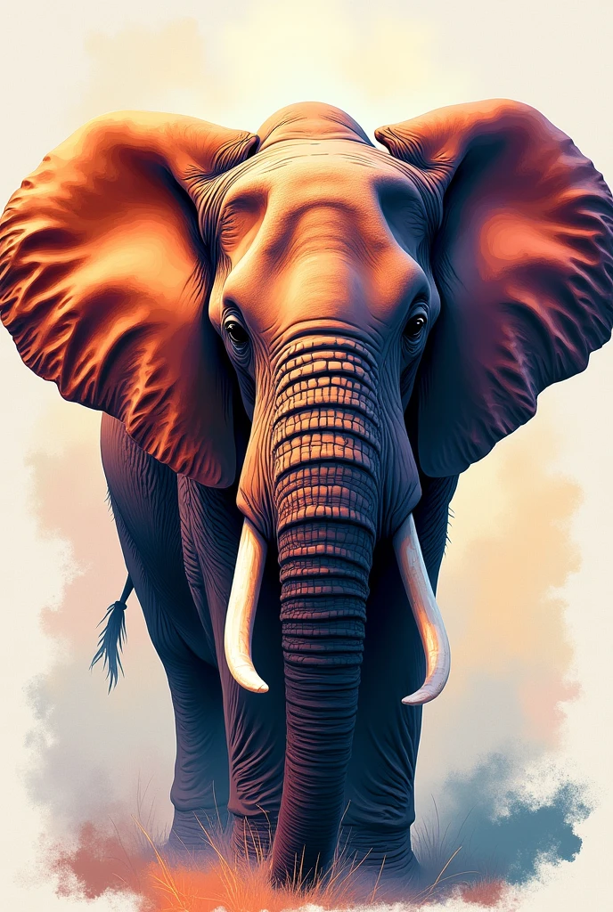 Create a 45 degree portrait of an elephant’s head in a bold impressionistic color-drawing style