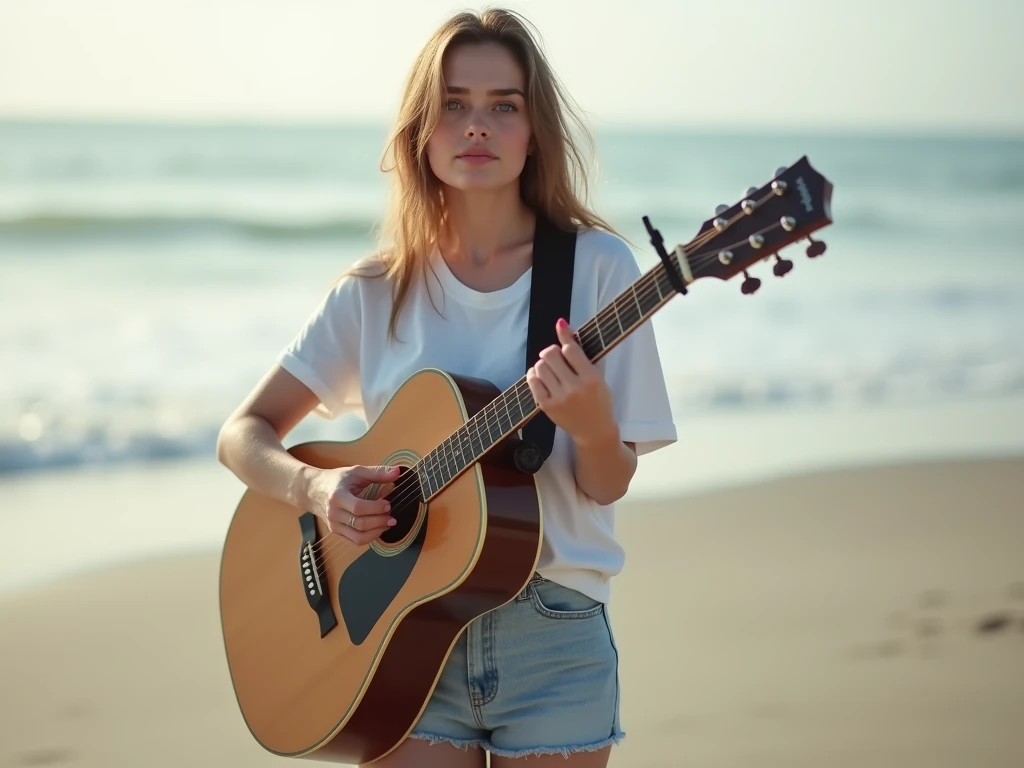 fot, taken from a distance that shows the entire body, She is very young, plein-air, em uma praia, short mini skirt and t-shirt, medium hips, Caucasian skin, sad for a lost love, long brown hair, a softened wry smile - contained excitement, Soft lighting on your face, realistic skin-clothes-hair textures, sky blue eyes carpeted mist, beautiful real textures and delicate aesthetics, full body view, playing guitar, notable for natural feminine beauty, noise, 8 k quality, FOTO RAW, by professional photographer, rule of thirds, Extremely Detailed