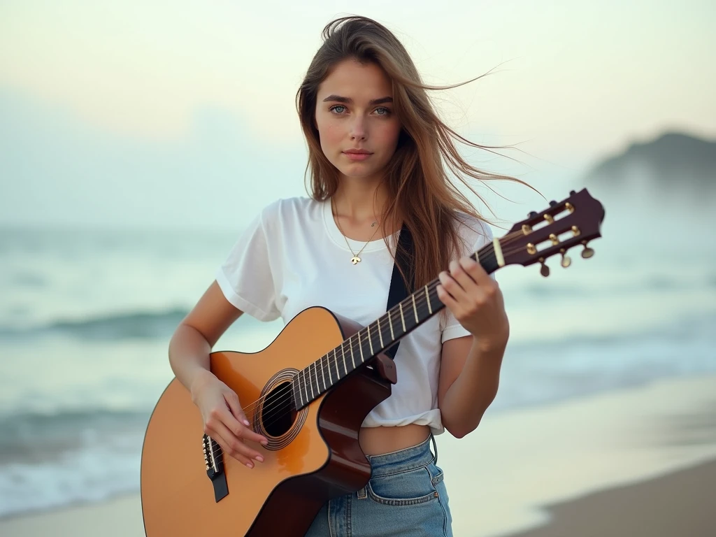fot, taken from a distance that shows the entire body, She is very young, plein-air, em uma praia, short mini skirt and t-shirt, medium hips, Caucasian skin, sad for a lost love, long brown hair, a softened wry smile - contained excitement, Soft lighting on your face, realistic skin-clothes-hair textures, sky blue eyes carpeted mist, beautiful real textures and delicate aesthetics, full body view, playing guitar, notable for natural feminine beauty, noise, 8 k quality, FOTO RAW, by professional photographer, rule of thirds, Extremely Detailed