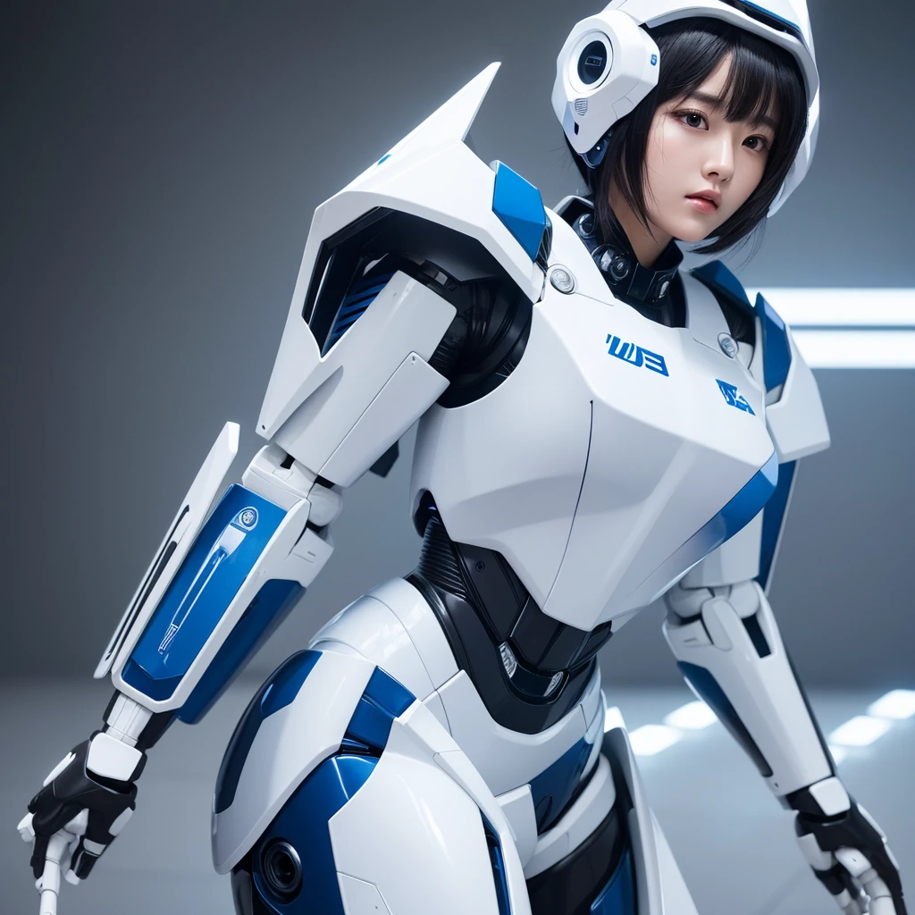 Highest quality,masterpiece,Ultra-high resolution, Very detailed, 8k,Beautiful 2 Japanese woman:1.5,Black Hair、 (White and blue robot suit, Plump, Slightly thicker)