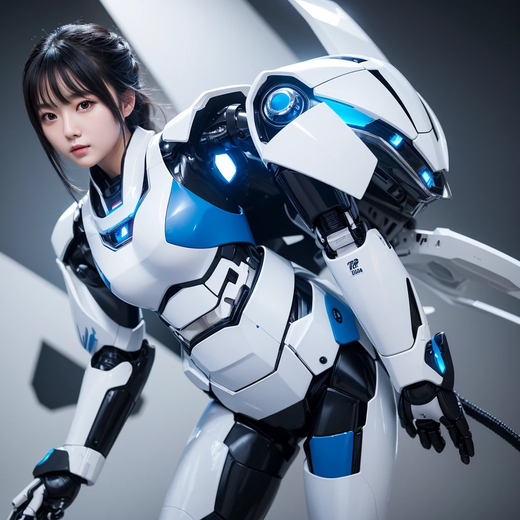 Highest quality，masterpiece，Ultra-high resolution, Very detailed, 8k，Beautiful 2 Japanese woman:1.5，Black Hair、 (White and blue robot suit, Plump, Slightly thicker)