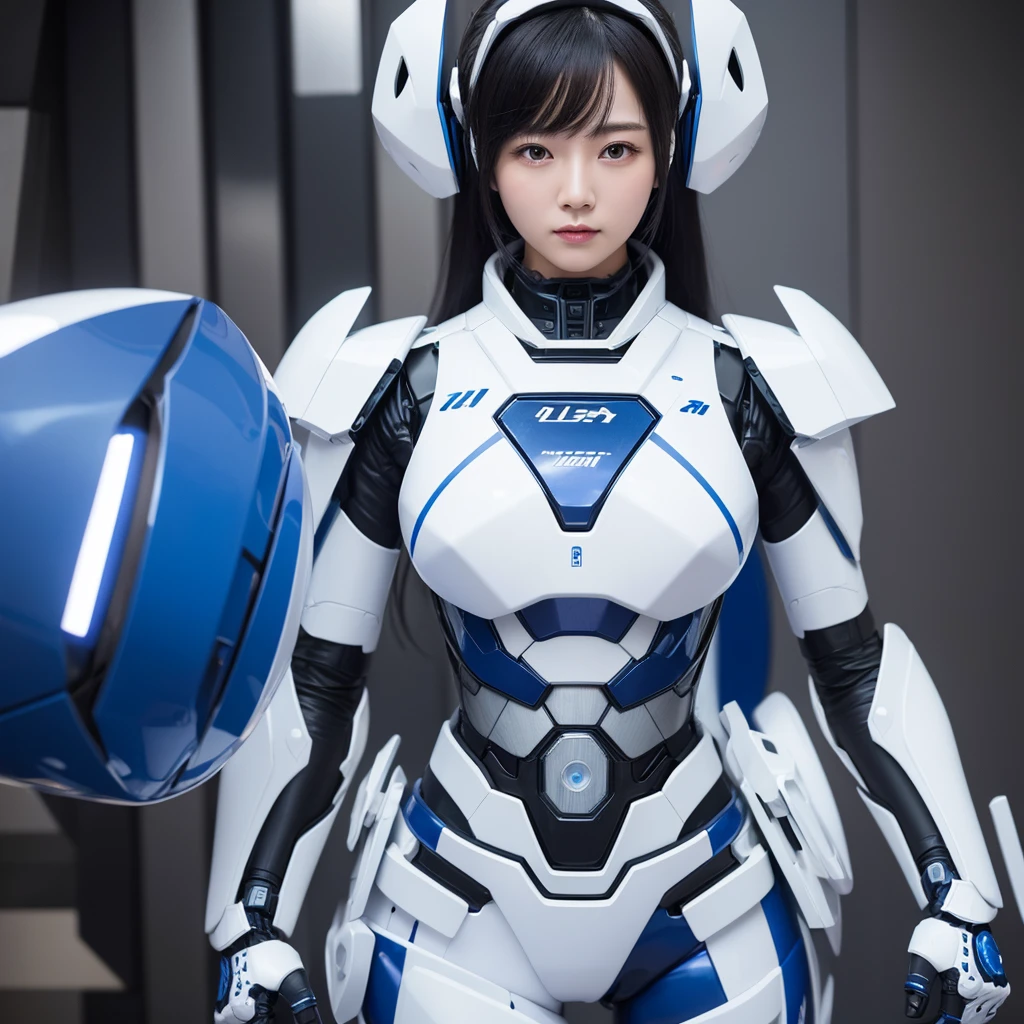 Highest quality，masterpiece，Ultra-high resolution, Very detailed, 8k，Beautiful 2 Japanese woman:1.5，Black Hair、 (White and blue robot suit, Plump, Slightly thicker)