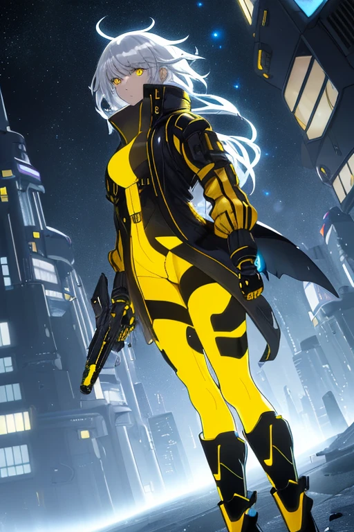 Adult woman, yellow glowing jacket, black undersuit, yellow shin guards, magic gun, silver hair, glowing hair, wind blowing, night sky, moonlight, futuristic city, low angle, one hand in pocket