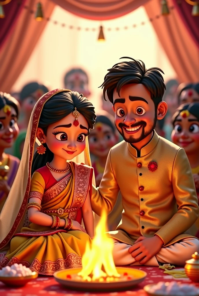 Make two pixar cartoons. They are getting married. Bride is wearing a yellow saree with red border and has a veil on her head. Groom is wearing a golden kurta. He is applying sindoor on brides head. They are in love. They sre sitting in a mandap. There are weddings guests around. Theres a holy fire in front of them. Make it a very spiritual and happy event. Make them a little more mature. Groom has a stubble. Bride is fair with dimples