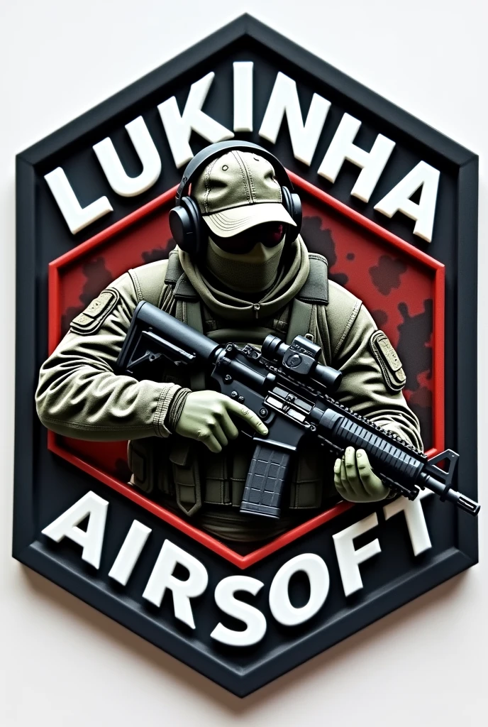 Create Hexagonal Rubber Patch, military coat of arms with an assault operator carrying an m4 rifle wearing a cap and headphones in the center and the name Lukinha Airsoft 