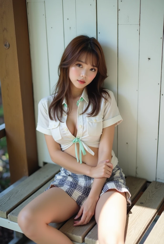 Best image quality, 16K, Ultra-high resolution, 8K, masterpiece, (Canon R5, F1.8, ISO100, 45MP, 1/4000), One Girl, aloneld, JK, high school girl, Medium Long Hair, bangs, Brown Hair, double eyelid, Long eyelashes, Lower eyelashes, Brown eyes, Looking at the audience, Wearing only a white shirt and a pleated skirt, White shirt fully unbuttoned, A green ribbon around her neck, Very good, D cup bust, Detailed depiction of nipples, Dark blue and white checked pleated skirt, A miniskirt that barely covers the top of the thighs, No pants, nude、Thin arms, Long, slender legs, Dark blue socks, Black loafer shoes, Spread your legs,sitting on a park bench, Full Body Shot, Looking excitedly from below,