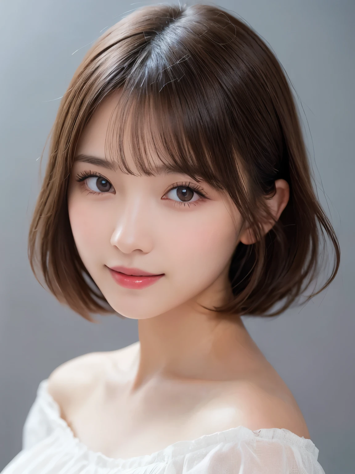 silver background, full body portrait, looks very happy, smile, one girl, (a beauty girl, delicate girl:1.3), (20 years old:1.3),  (off white off shoulder dress), very fine eyes, (symmetrical eyes:1.3), C cup breasts, brown eyes, parted bangs, short hair, (eyes and faces with detailed:1.0),  (masterpiece, best quality, ultra detailed, detailed face, 8k)