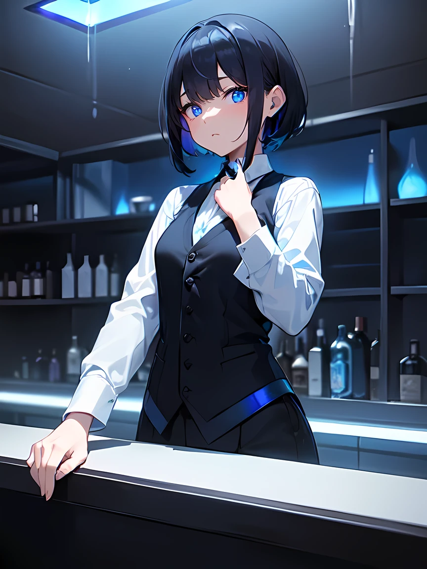 Dark blue short hair、Blue shining eyes、Medium chest、bartender、(A long-sleeved white shirt with a black vest、The Obsidian Bar with Blue Lights:1.3)、Girl、Thin limbs、(mini、Young、Girl、low length:1.1)、solo、Anime Style:1.1、I had a cocktail:1.3、