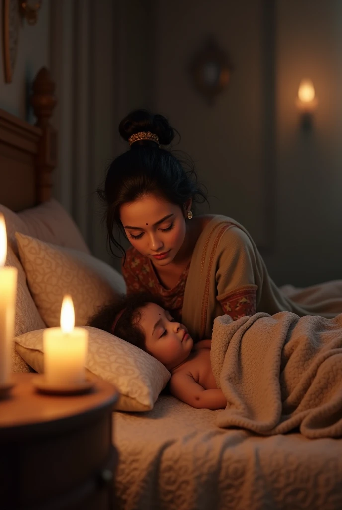 Create incinematic 3d image"• Mother putting child to bed: Yashoda gently putting a sleepy Gopi to bed, tucking him in with a warm blanket as he yawns.