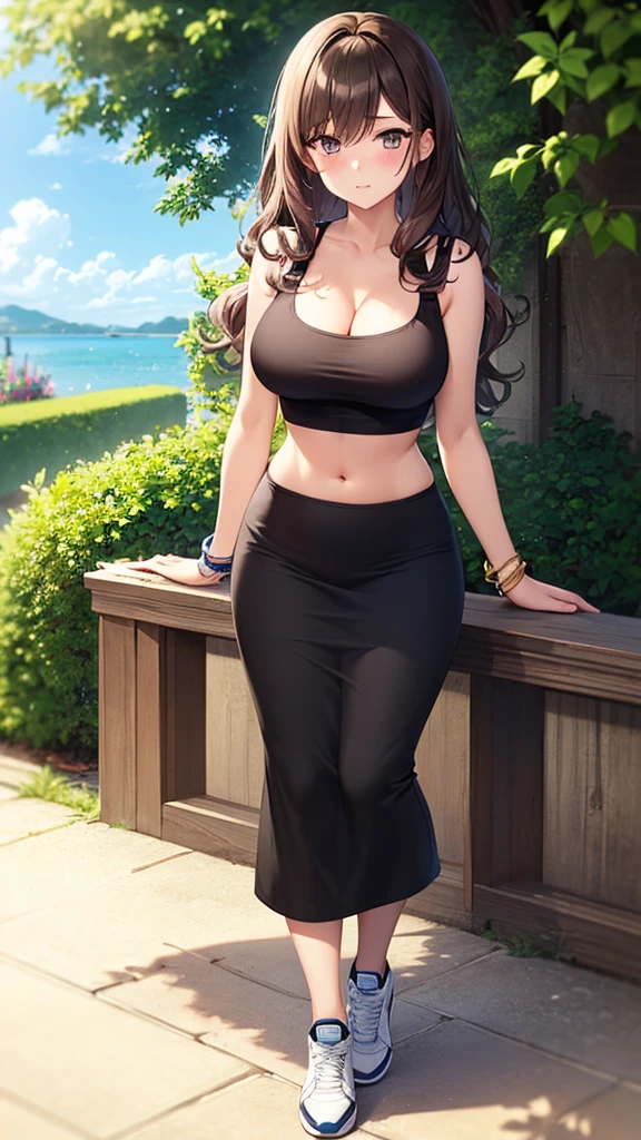 masterpiece, best quality, 1girl, beautiful woman with wavy hair, brown hair, large bust, wearing blue crop top tank top and long black pencil skirt, long skirt:1.3, sneakers, cleavage, midriff, bracelet, summer, garden, looking at viewer, full body, nervous, full-face blush,