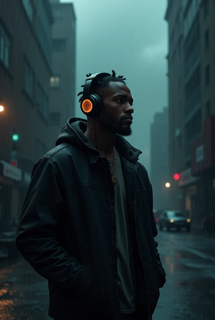 A hip hop artist , background rainy, sad, listening music , dark surrounding,