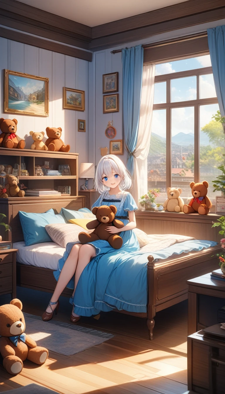 ((One girl)), White Hair, Blue eyes, Cute Dress, Having a teddy bear, Cute teddy bear, Lots of teddy bears, Moving happily, Cute room, ((32K)), ((best quality)), ((ultra high res)), ((HDR)), ((uhd)), ((extremely detailed CG)), ((unity 32K wallpaper)), (((illustration))),