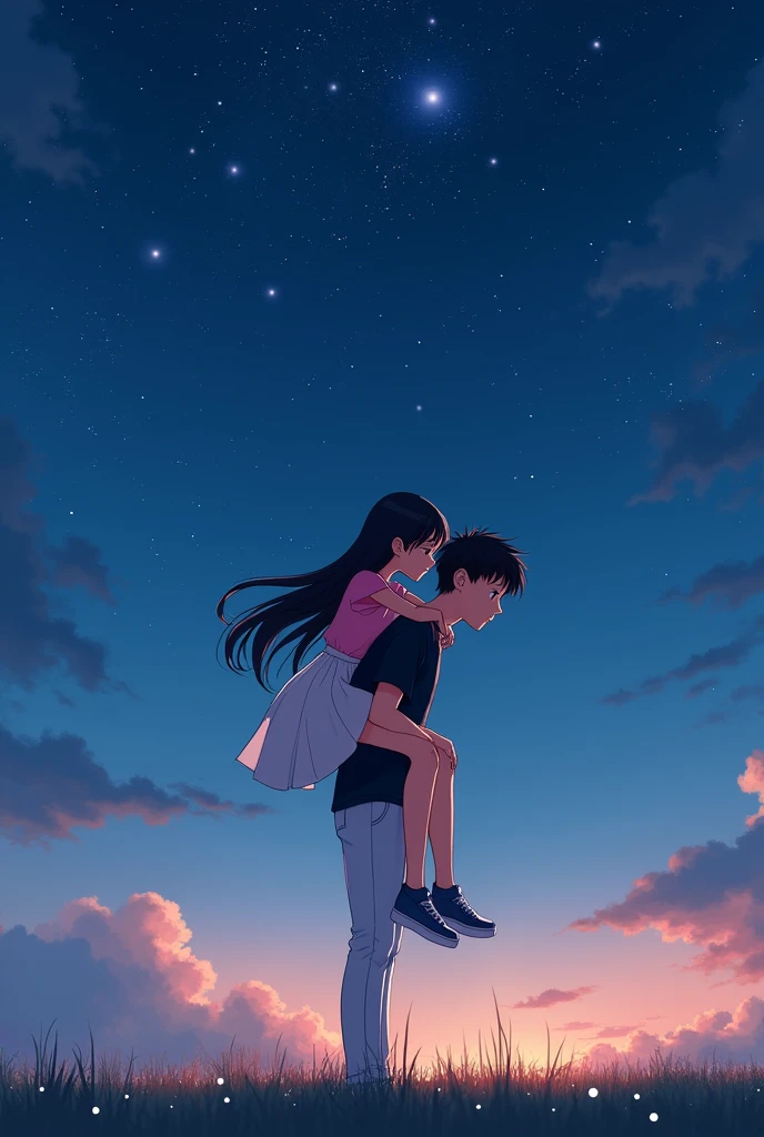 A boy carries a girl on his back.there is nothing and there are stars. You are standing in a field.the girl shows him her favorite song from her mobile phone. She is happy about the song.he looks at her and smiles because she is happy about the sobg.the girl has long black hair and is pretty.she is wearing a pink top,a white skirt and blue shoes.he has black hair.He wears white shoes,white pants and a black shirt 