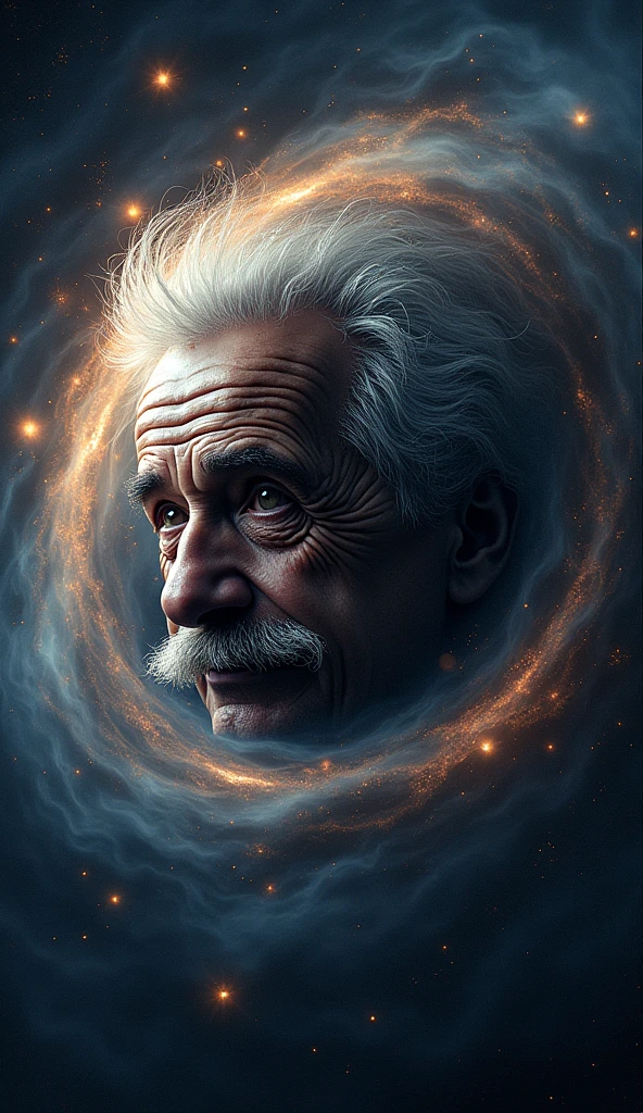 Logo " endless ", Illustration of human stupidity and greed, Einstein's deformed image, background galaxy, Black Hole, Graphics CG Digital Artwork