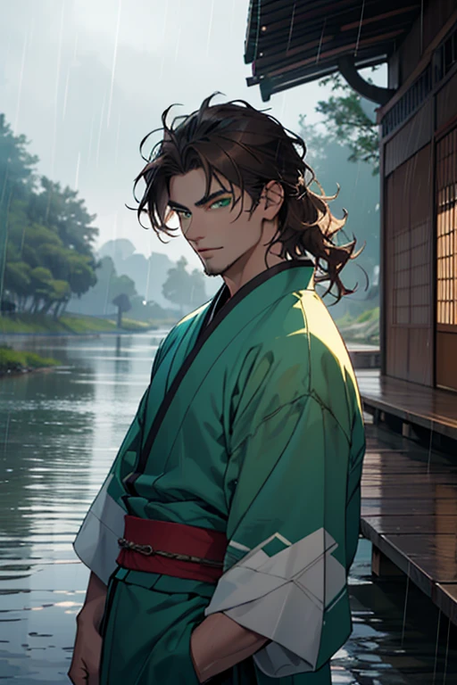 A handsome man in his 30s stands in front of a bridge in front of a lake during the rain. He is wearing a green Chinese haori. The man has medium-length, wavy brown hair below his shoulders and green eyes. His face is sharp, with cheekbones. His gaze is kind but strict.