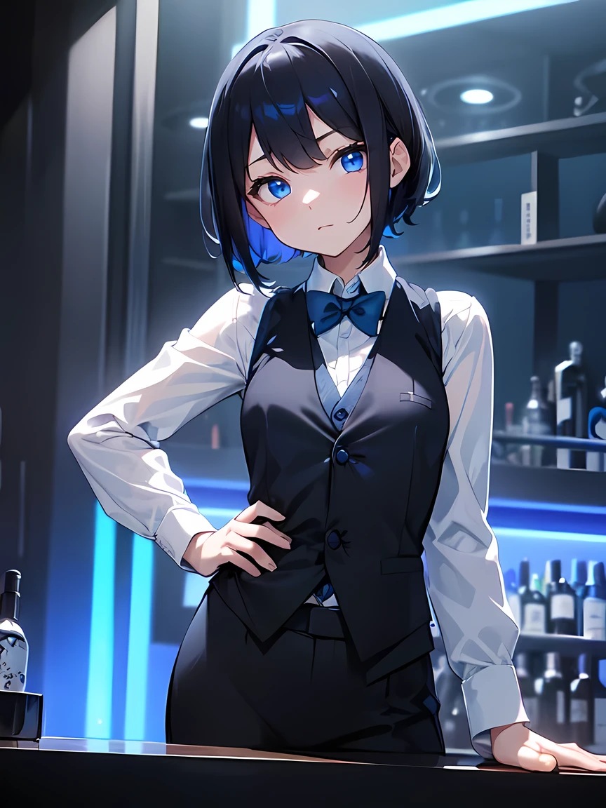 Dark blue short hair、Blue shining eyes、Medium chest、bartender、(A long-sleeved white shirt with a black vest、The Obsidian Bar with Blue Lights:1.3)、Girl、Thin limbs、（mini、Young、Girl、low length:1.1）、solo、Anime Style:1.1、I had a cocktail:1.1、