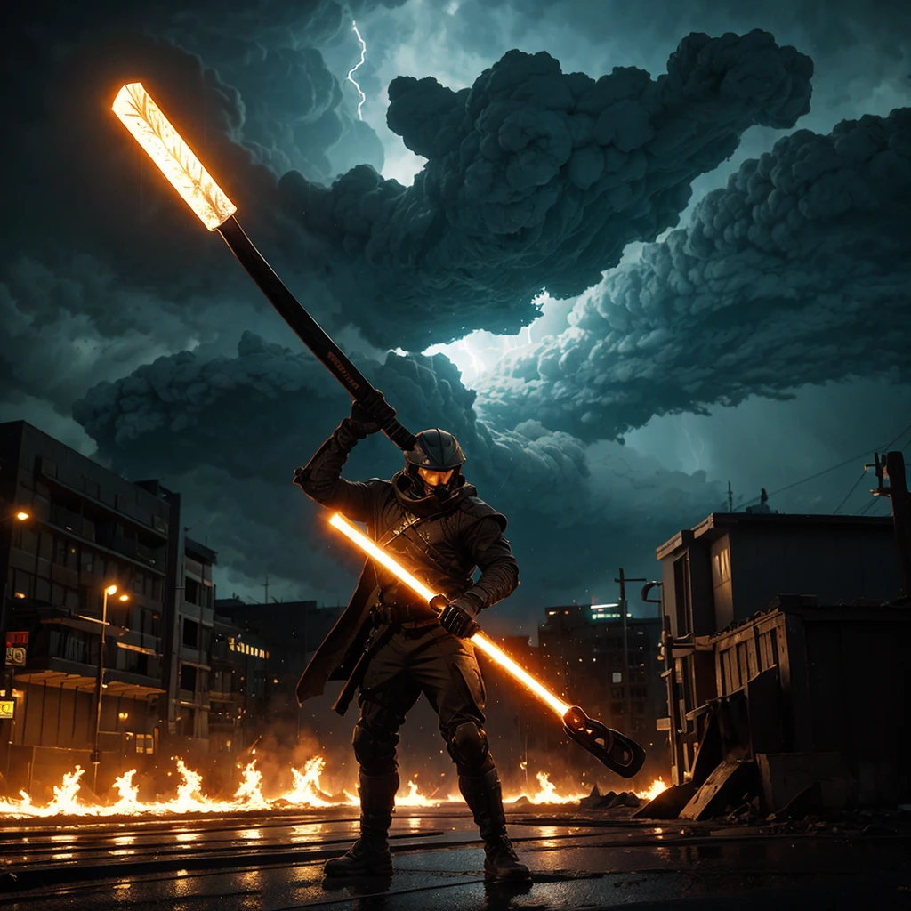 A tank rider holds a large glowing sledgehammer in the air, a warg at his side ,burning city in background during thunderstorm