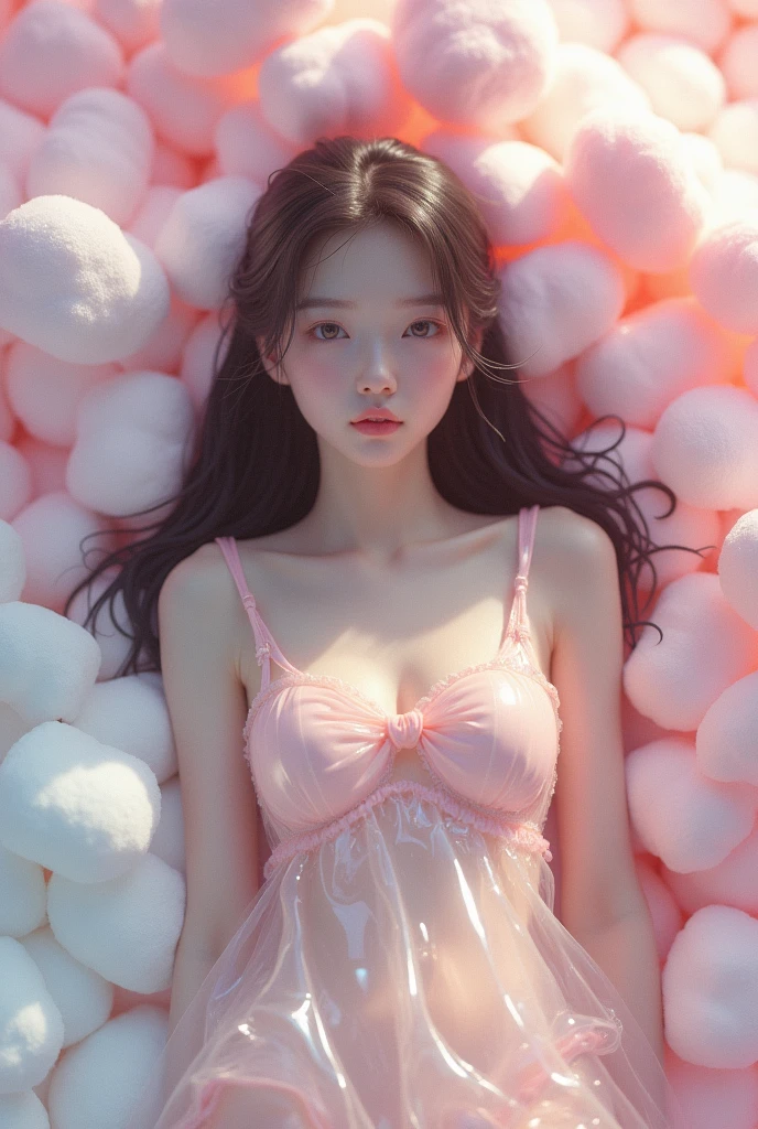 cute asian girl wearing clothes made of plastic laying on bed of marshmallows
