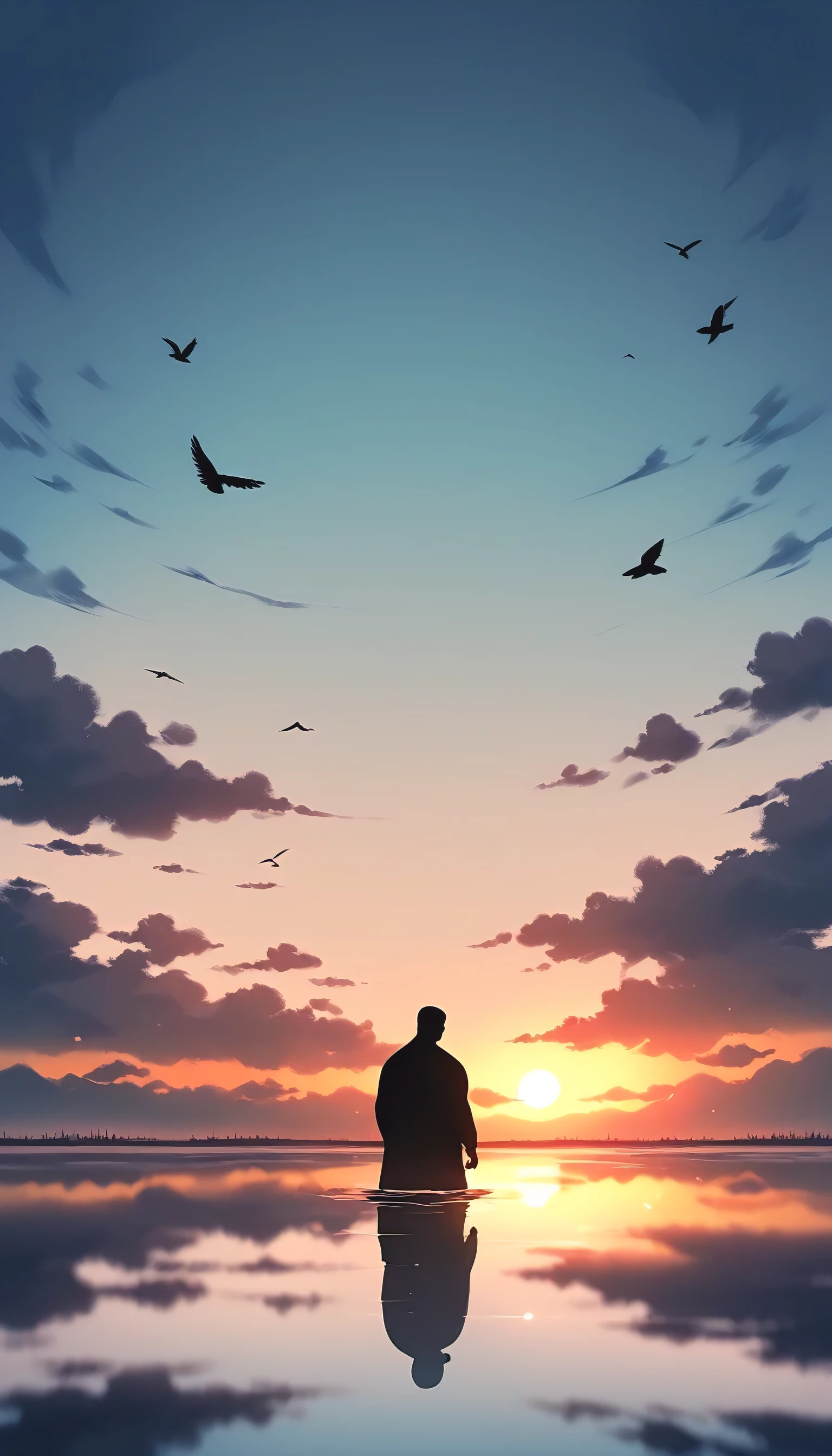 A man in a black bodysuit stands in the smoke, Priapus, Dark Black, Dark black skin, Buzz Cut, His muscles are very developed, Very tall, short hair, Blend into the smoke, Lake, Reflection, Sunset, Sunset, Bird, plum bossom, Man silhouette, Chinese, black and white, Simple style