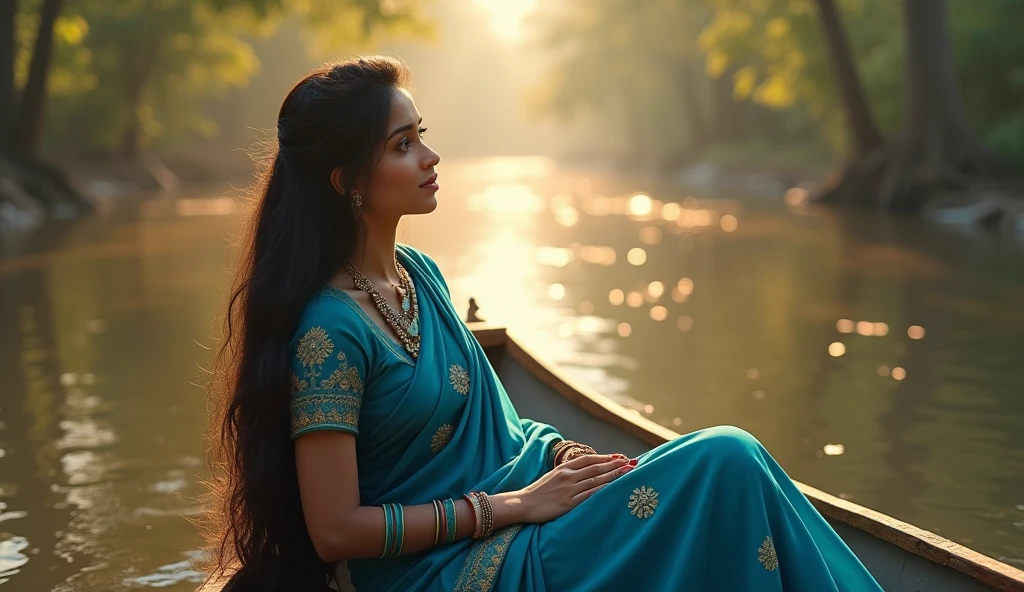 (photorealism:1.2), beautiful indian bengali girl , sitting on the outdoor little boat, wearing a blue color beautiful sarri with matching blouse, long black hair, indoors, soft lighting, river in background, sunlight, relaxed pose, realistic, intricate details, warm colors,