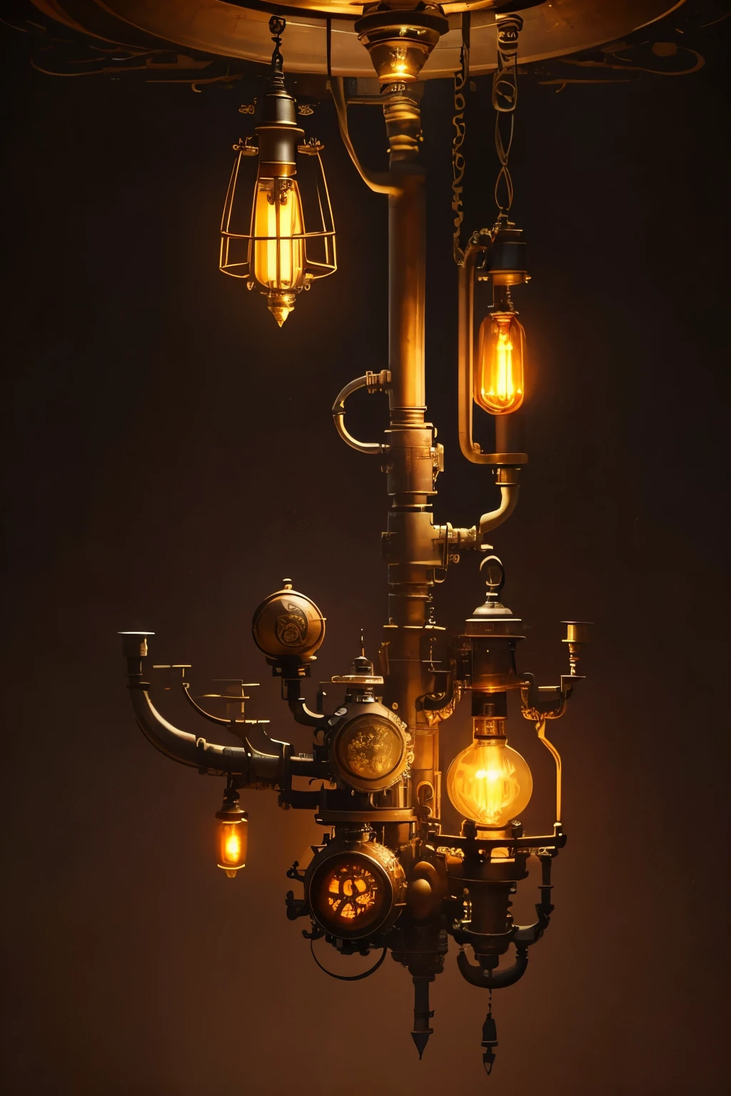 (Highest quality:1.2)。steampunkai。It consists of many pipes, several valves, and some instruments.、Small space。The only light is a single dim light bulb.。
