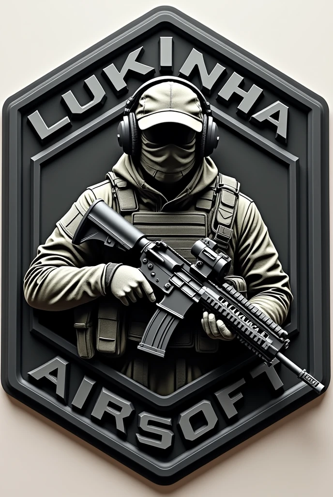 Create Hexagonal Rubber Patch, military coat of arms with an assault operator carrying an m4 rifle wearing a cap and headphones in the center and the name Lukinha Airsoft 
