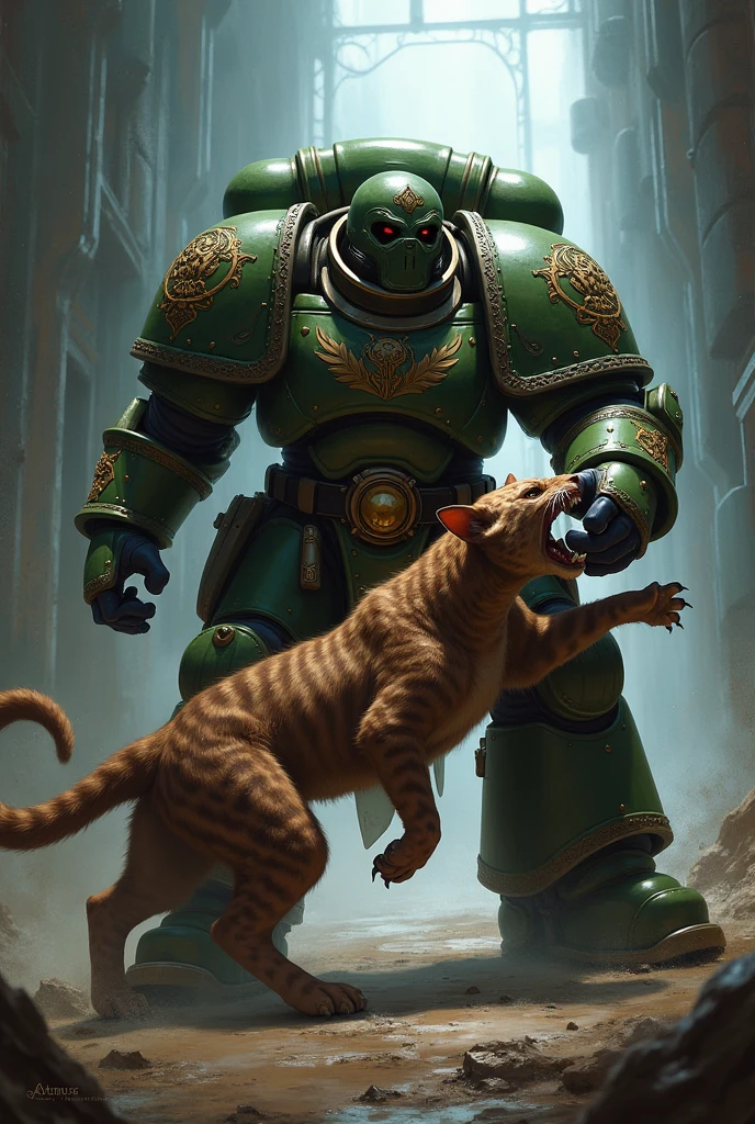 Space Marine Salamander from Warhammer 40k strangling a rogue cat from DND